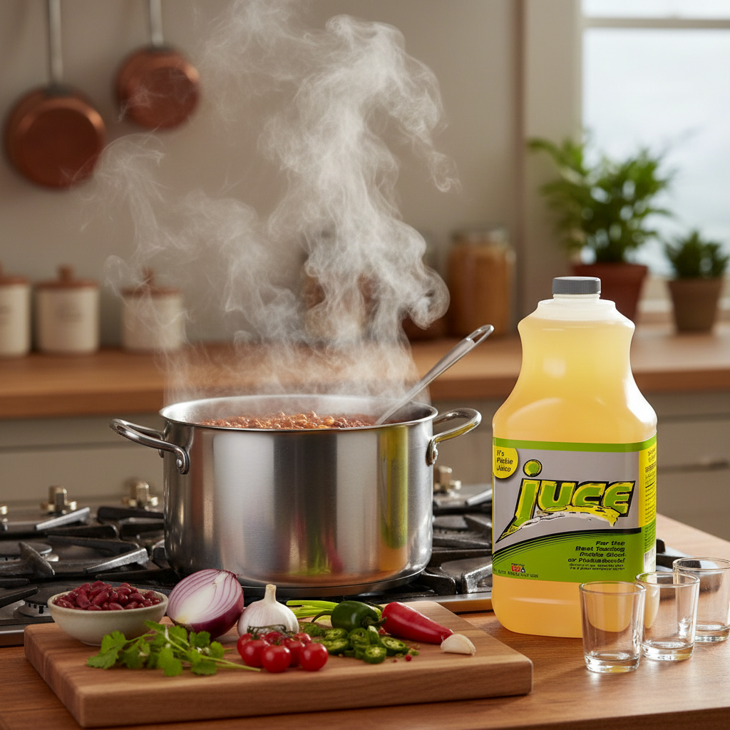 Gallon of pickle brine next to a steaming pot of chili on a kitchen stove